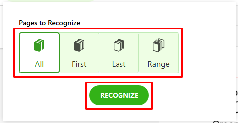 Диалог Pages to Recognize и кнопка RECOGNIZE